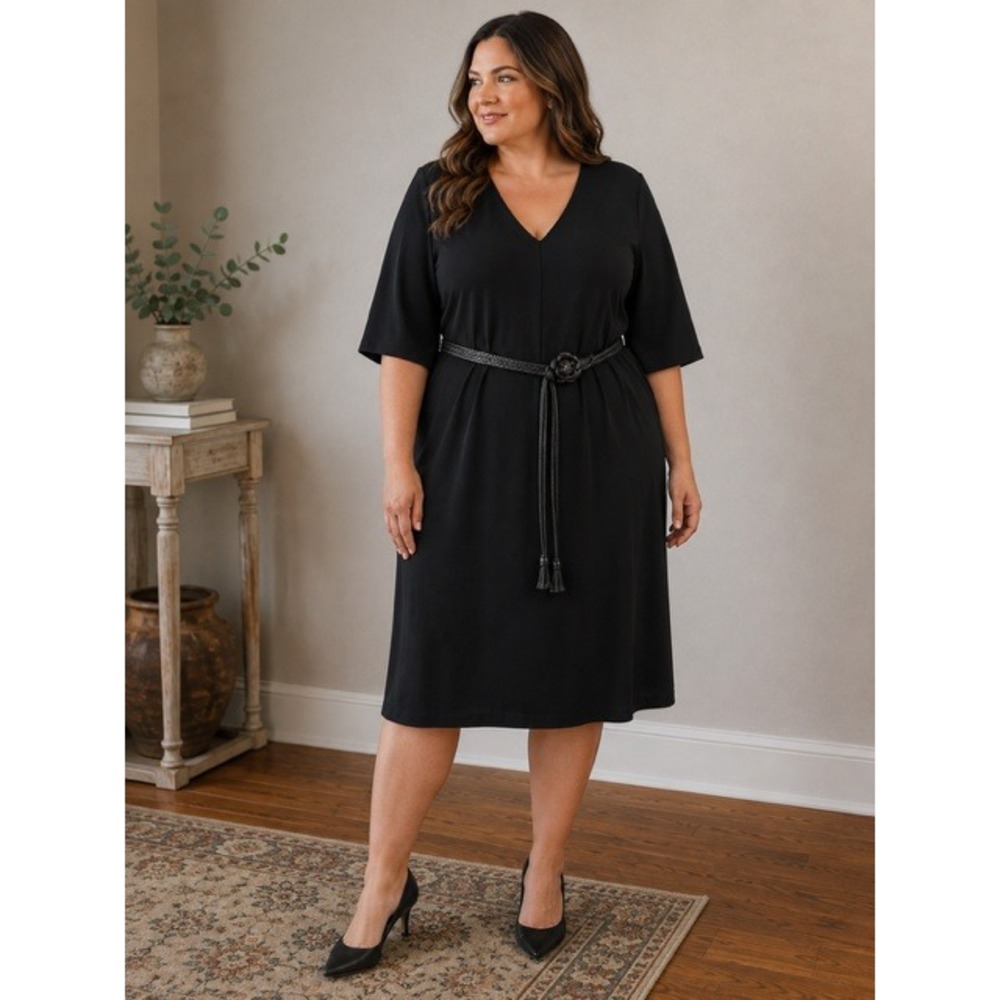 Lafayette 148 Black V-Neck Midi Dress Braided Belt Plus Size 22